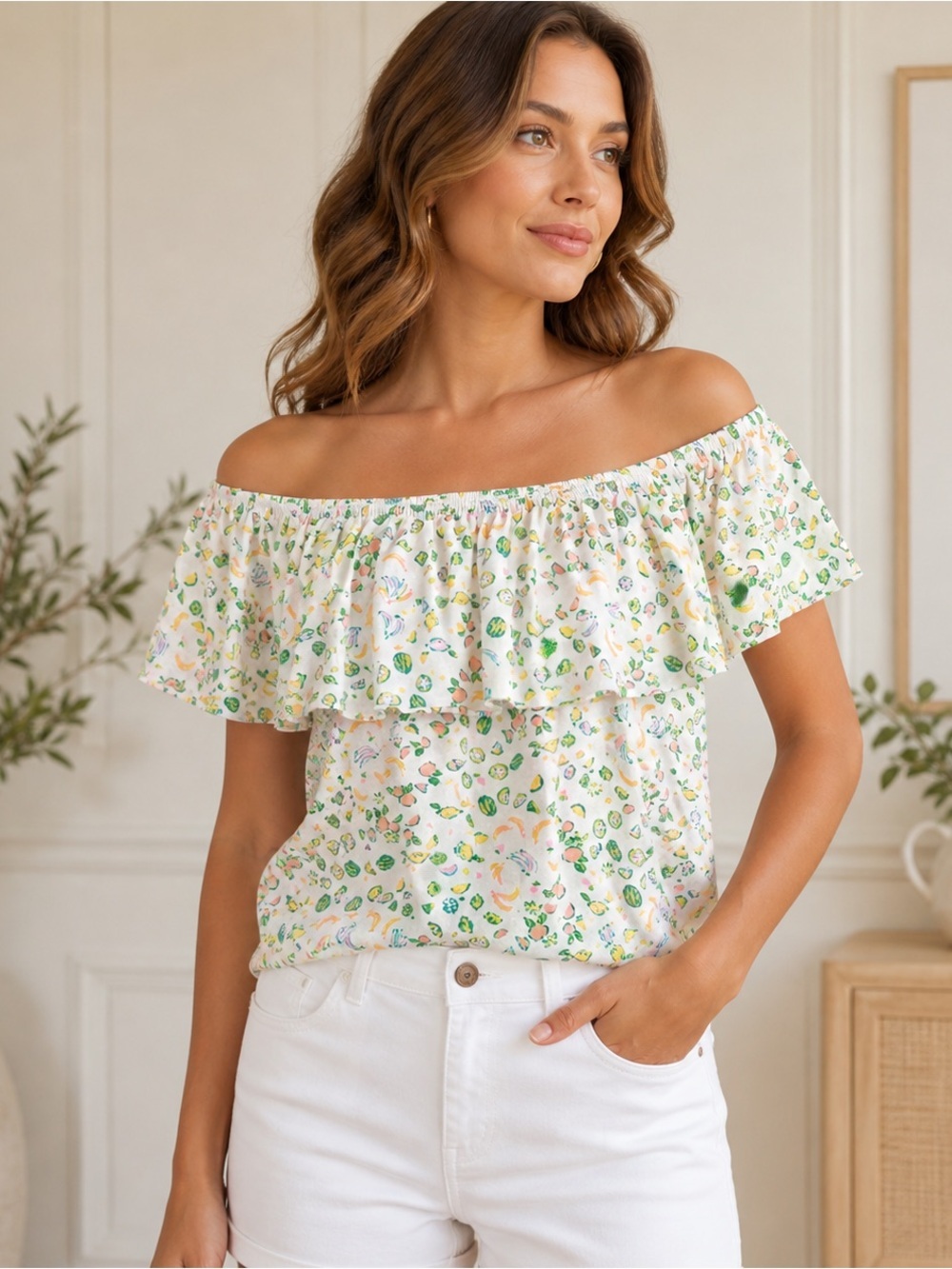 Lilly Pulitzer La Fortuna Off Shoulder‎ Top Womens Medium Lil Juicy Fruit  M